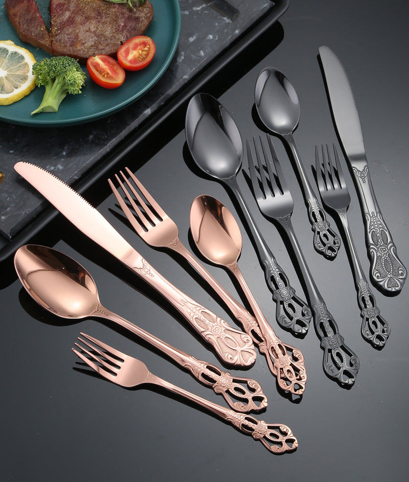 Stainless Steel Cutlery Restaurant Royal Court Knife Fork Spoon Set Hotel Western Cuisine European Retro Relief Steak Knife Fork