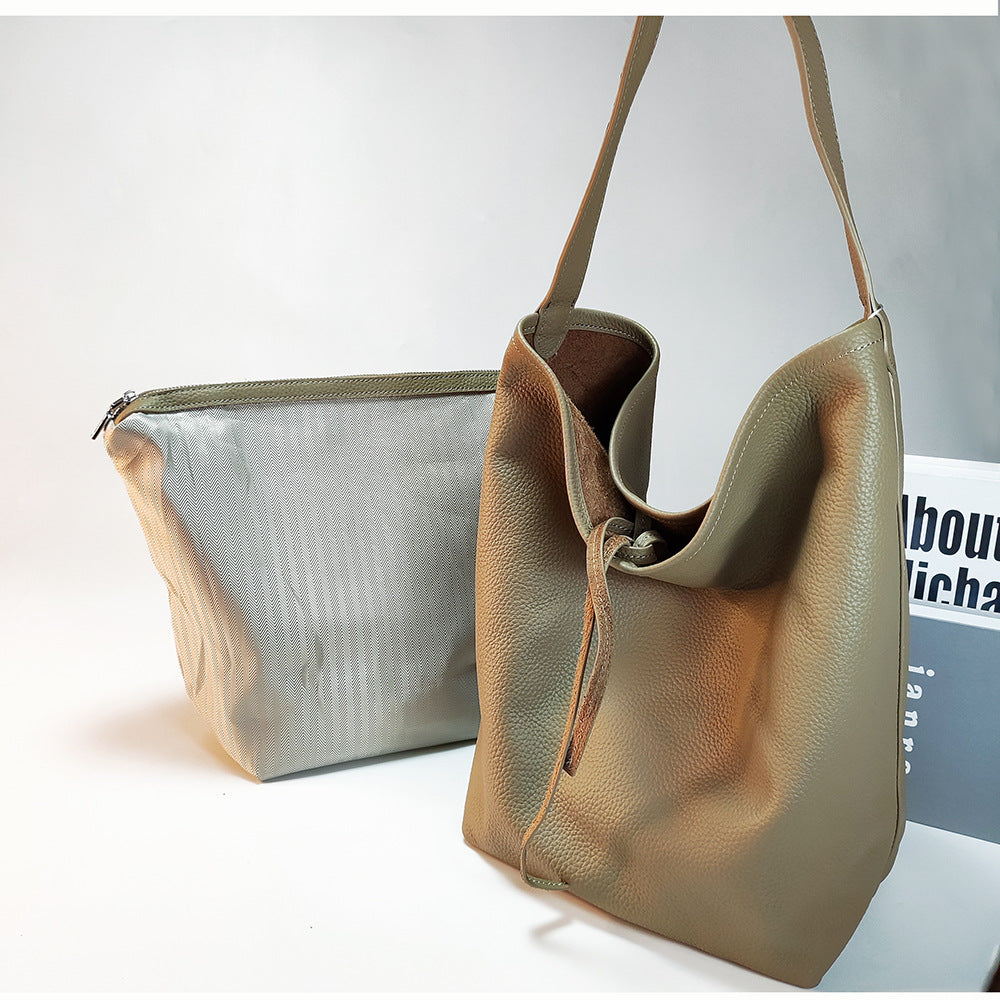 New Large Capacity Genuine Leather Row Bucket Bag Tote Underarm Bag Women's Casual Handheld Single Shoulder Cowhide Bag