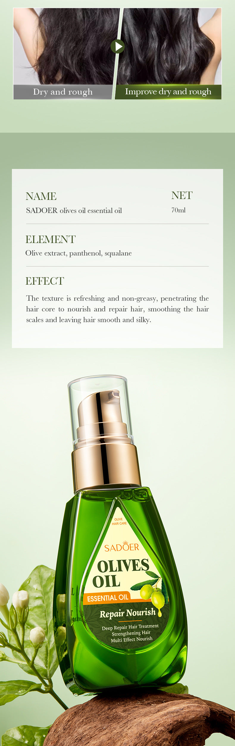 Full English Olive Hair Care Essential Oil70ml SADOER Qihuan Shiny Smooth Hair Conditioner  Wholesale