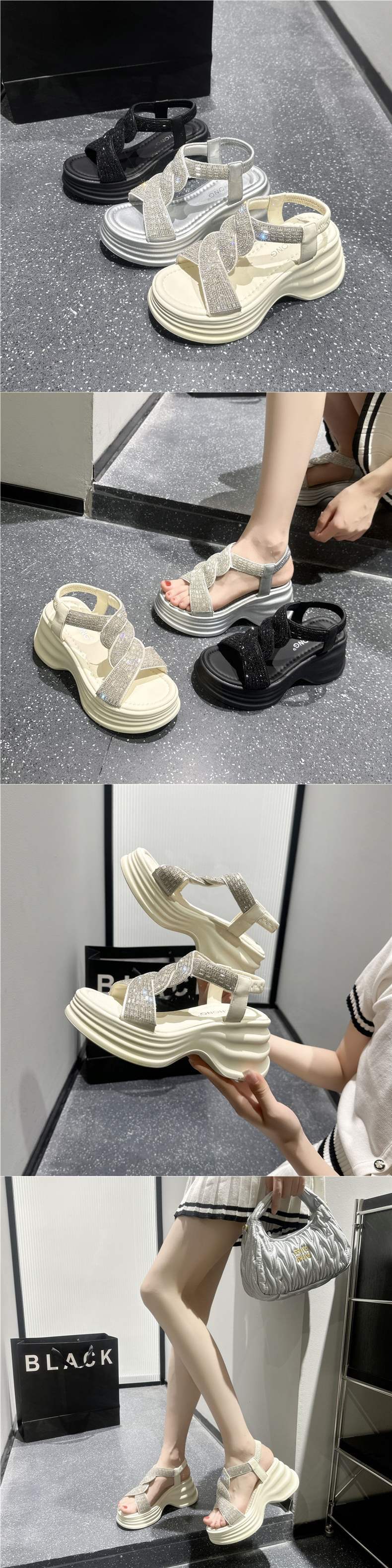 Trendy Summer High Heel Sandals7cm Rhinestone Fish Mouth Thick Sole Sandals Versatile Breathable