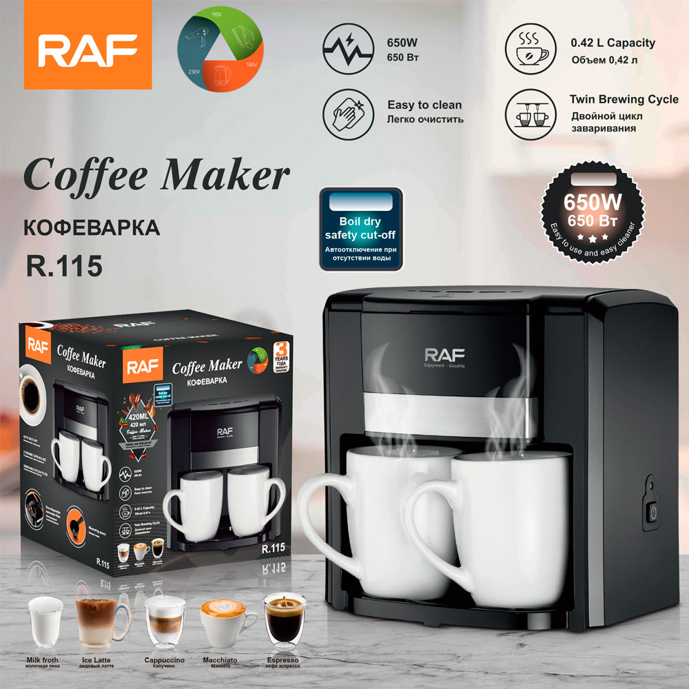 RAF European Standard Coffee Machine Small Semi-Automatic Household Drip American Coffee Machine Double Cup Automatic Moka Pot