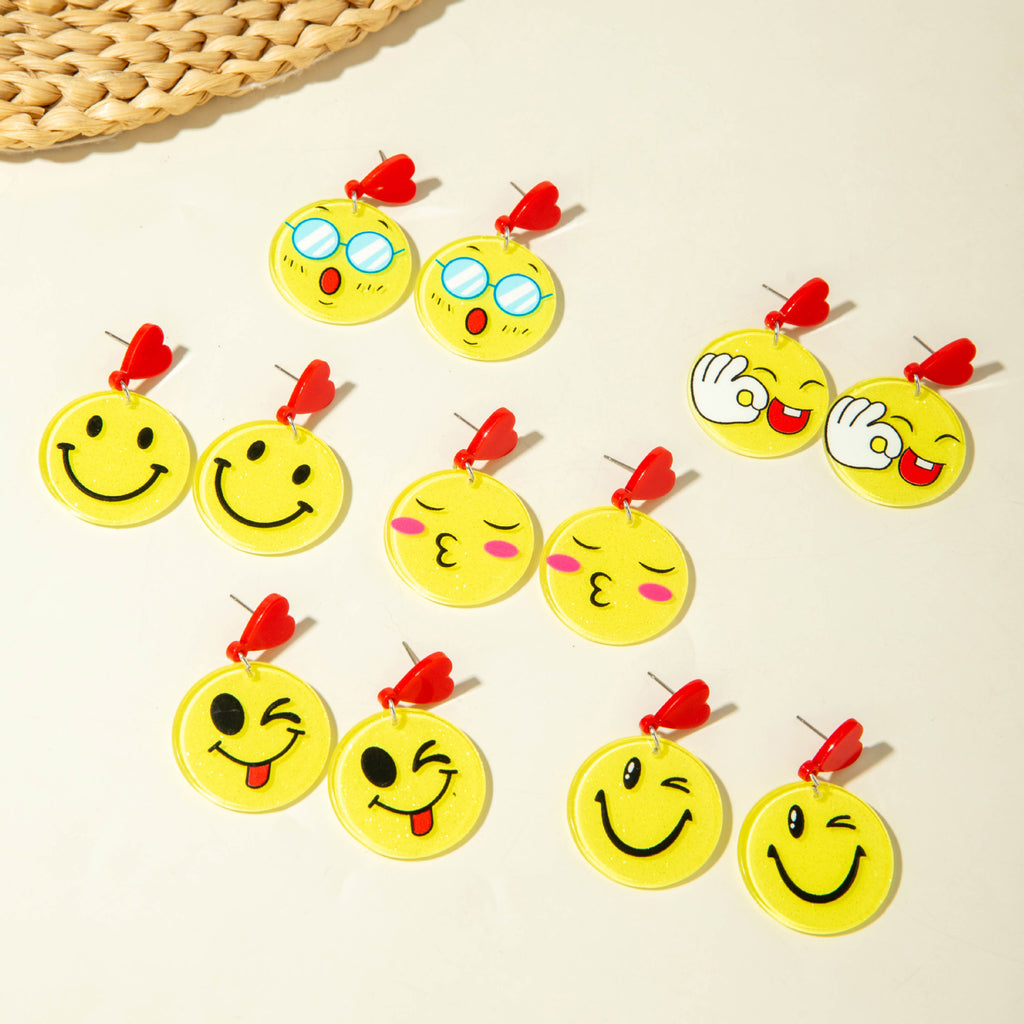 European and American Ornament Cartoon Round Smiley Yellow Earrings Cute and Unique earrings Jewelry Wholesale