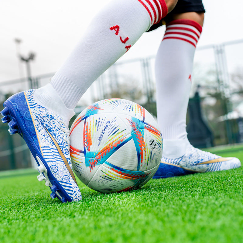 World Cup Same Style Blue and White Porcelain High-top Soccer Shoes for Men and Women, Children and Youth Competition Training Shoes
