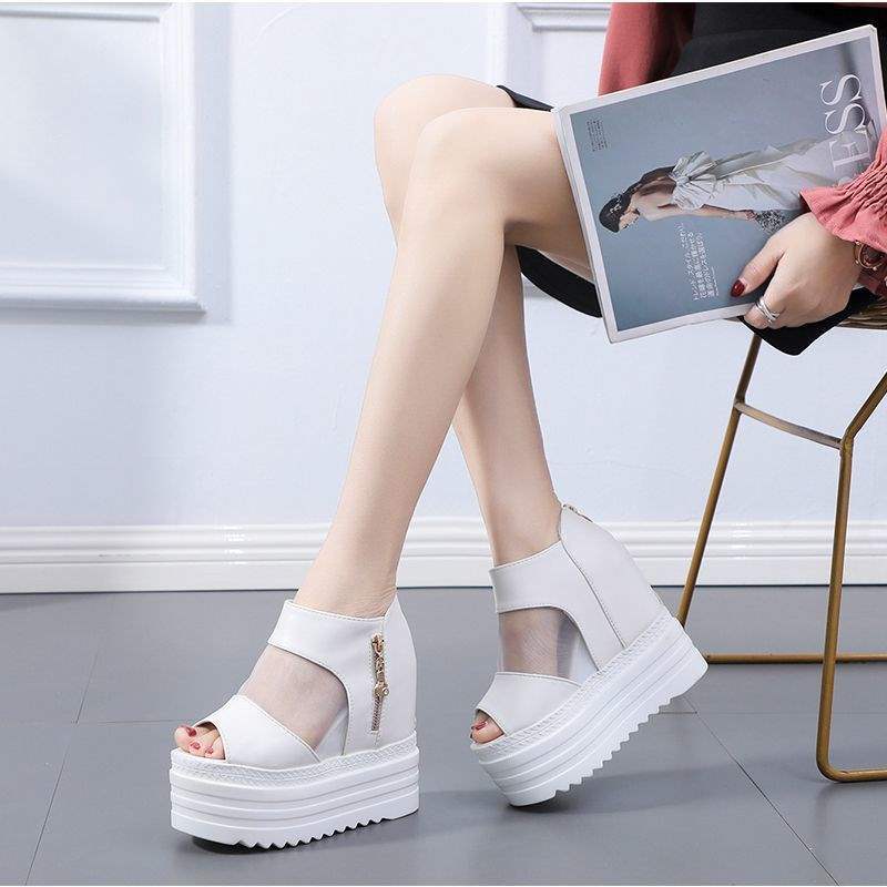 Women's Hidden Heel Sports Peep Toe Wedge Thick Sole Sandals2025Summer new style white rhinestone Velcro Roman shoes
