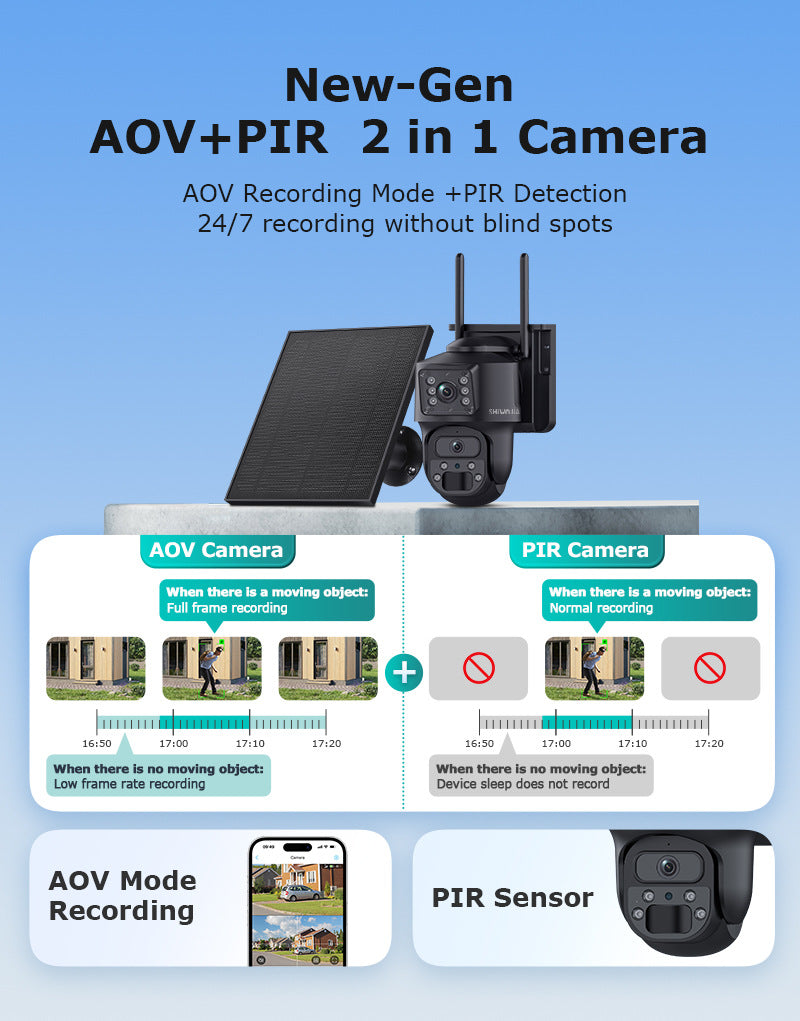 AOV 600Wan Solar Low Power Consumption Camera7*24Hourly Full Color Night Vision Low Frame Rate Long Video Surveillance