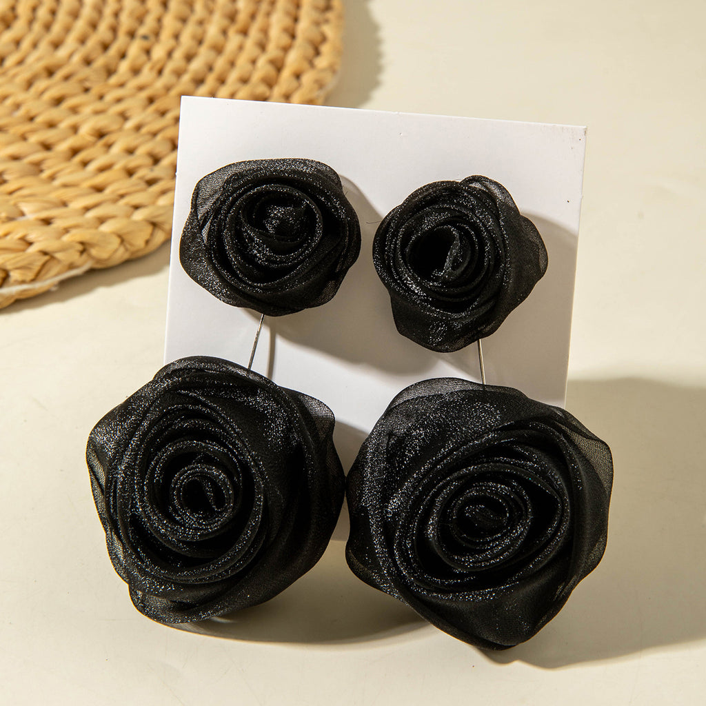 European and American Light Luxury High-End Fabric Rose Flower Earrings Fashion Versatile Three-Dimensional Flower Earrings Wholesale