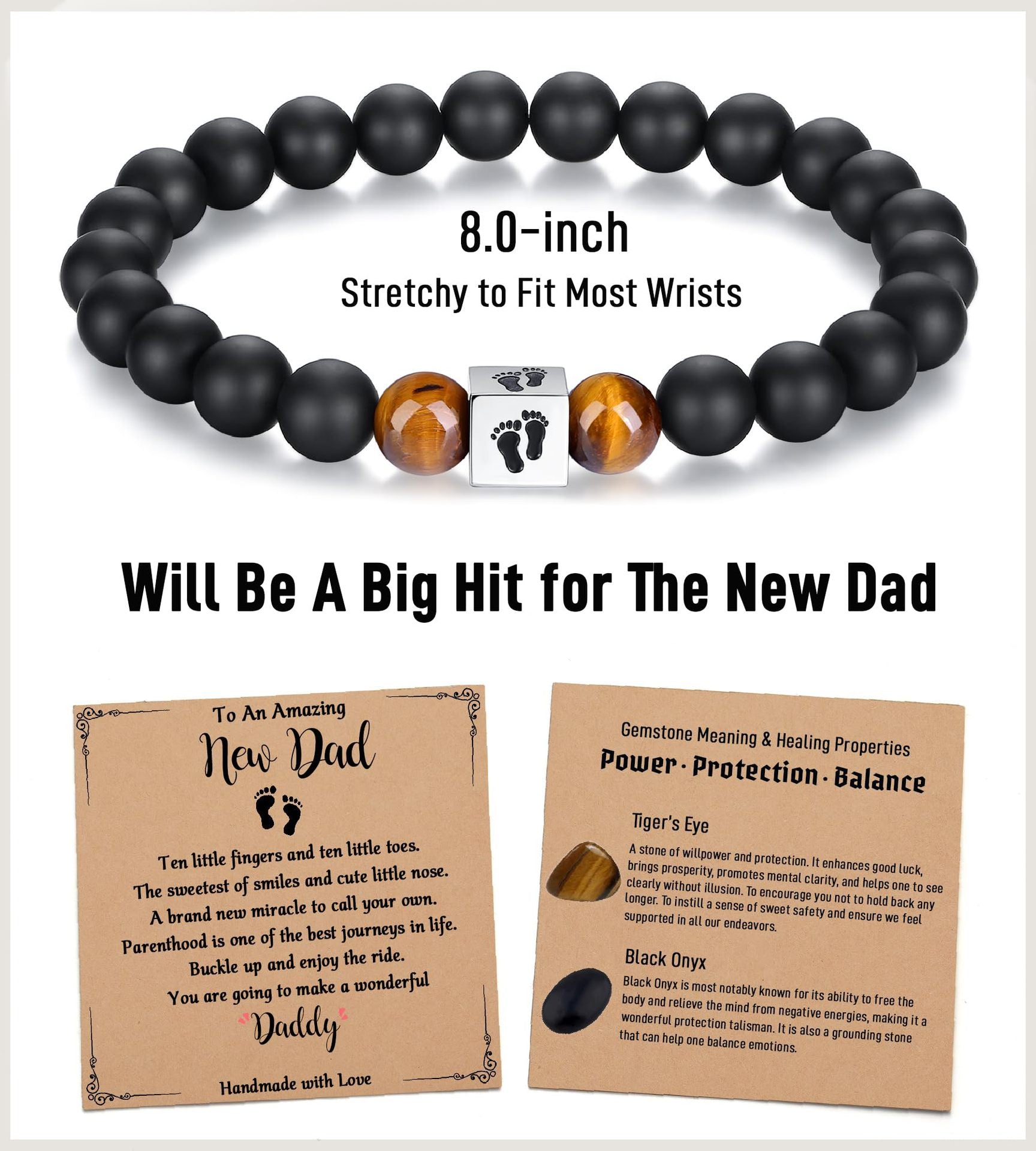 Men's Holiday Gift Bracelet Tiger Eye Stone Bracelet Stainless Steel Foot Sole Father's Day Gift Black Matte Bracelet