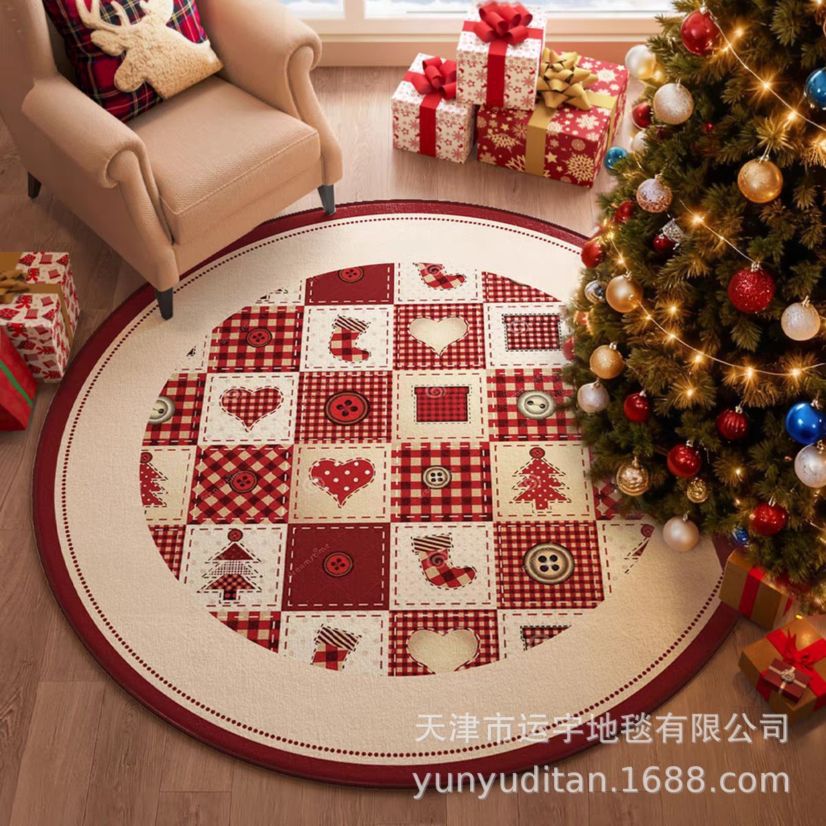Christmas Carpet Round Living Room Crystal Velvet Floor Mat Christmas Decoration Atmosphere Mat Christmas Tree Floor Mat Customizable
