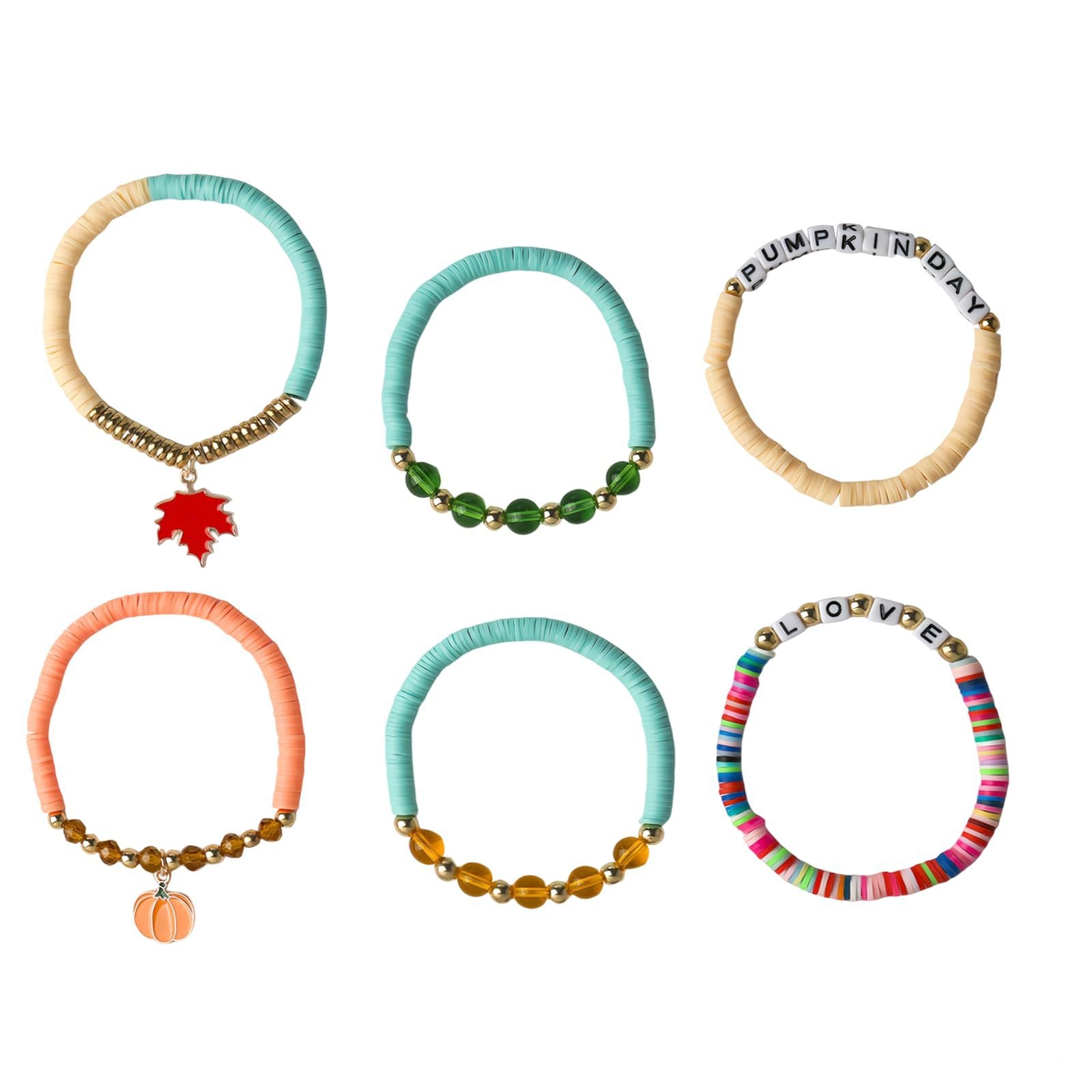 Alphabet Soft Clay Bracelet Set THANKS Bevel Cut Bead Harvest Pumpkin Pendant Bracelet Maple Leaf Thanksgiving Bracelet
