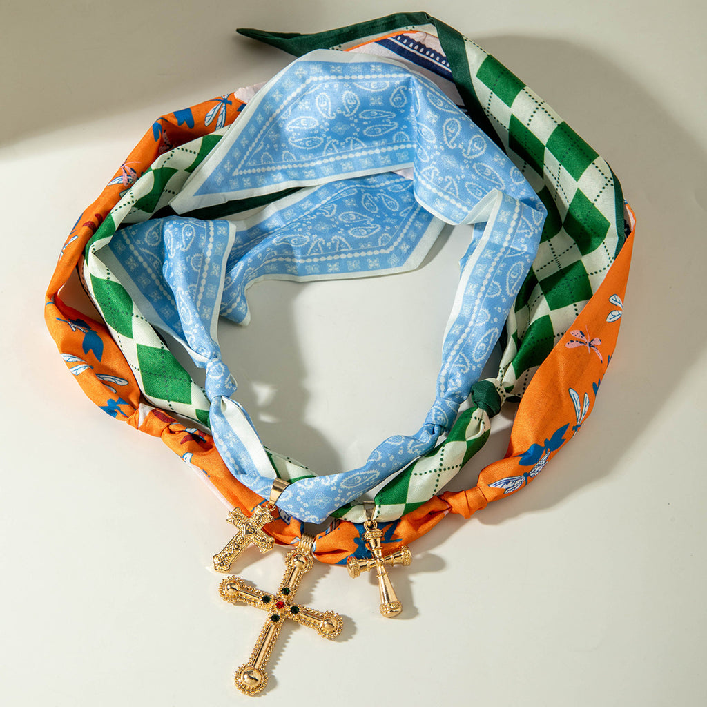 European and American Style Long Silk Scarf Necklace, Light Luxury High-End Feel, Multiple Pendants, Pearl Colorful Silk Scarf Necklace