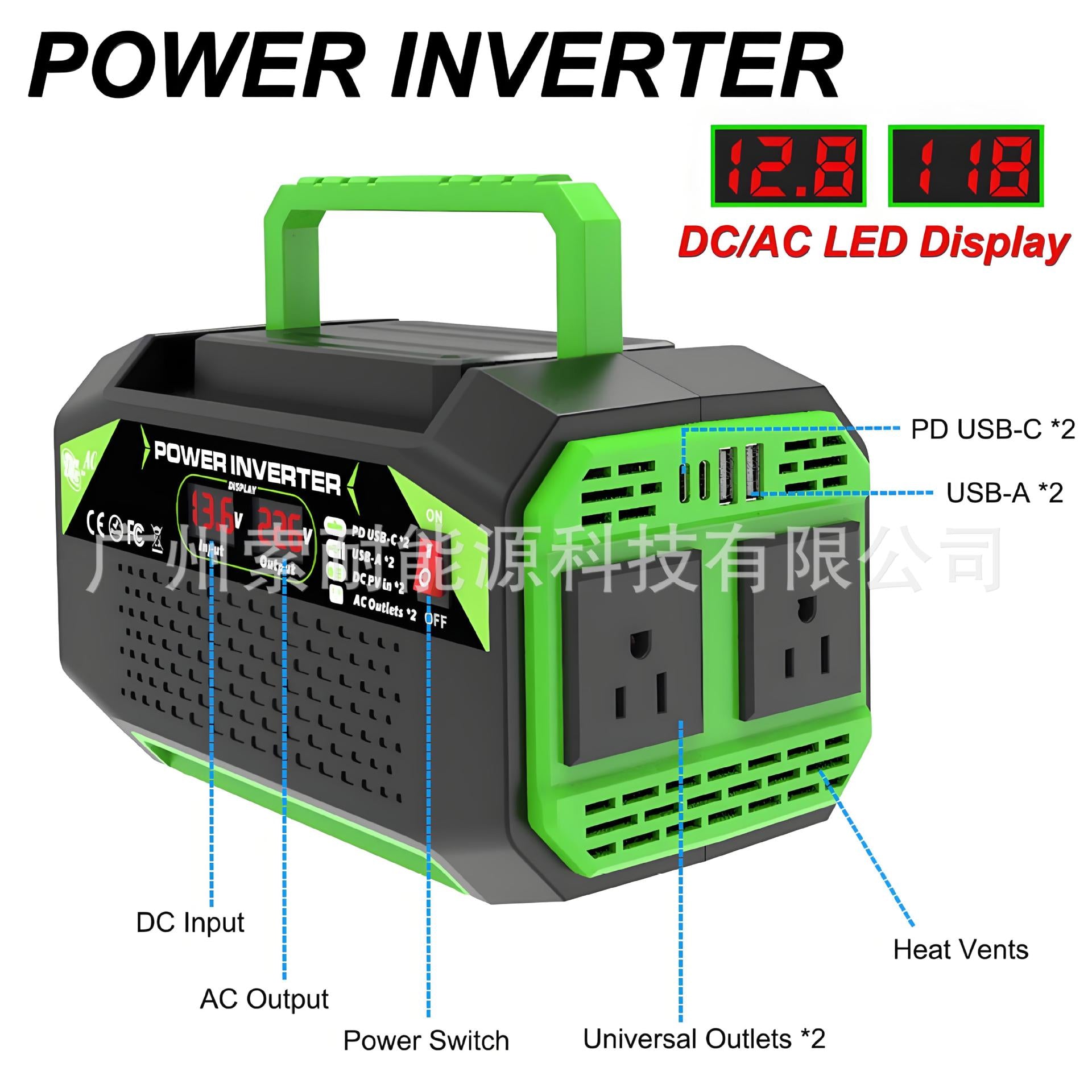 US Standard Socket Car Inverter300W/500W12V Turn110V With dual display/USB/Type-C
