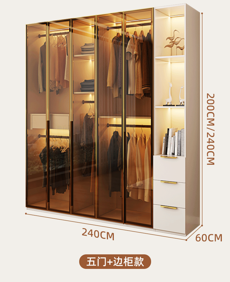 Glass Door Wardrobe with Lights, Solid Wood, Home Bedroom, Modern Simple European Pine Board, Cream Color, Skin Feel Storage, Large Wardrobe