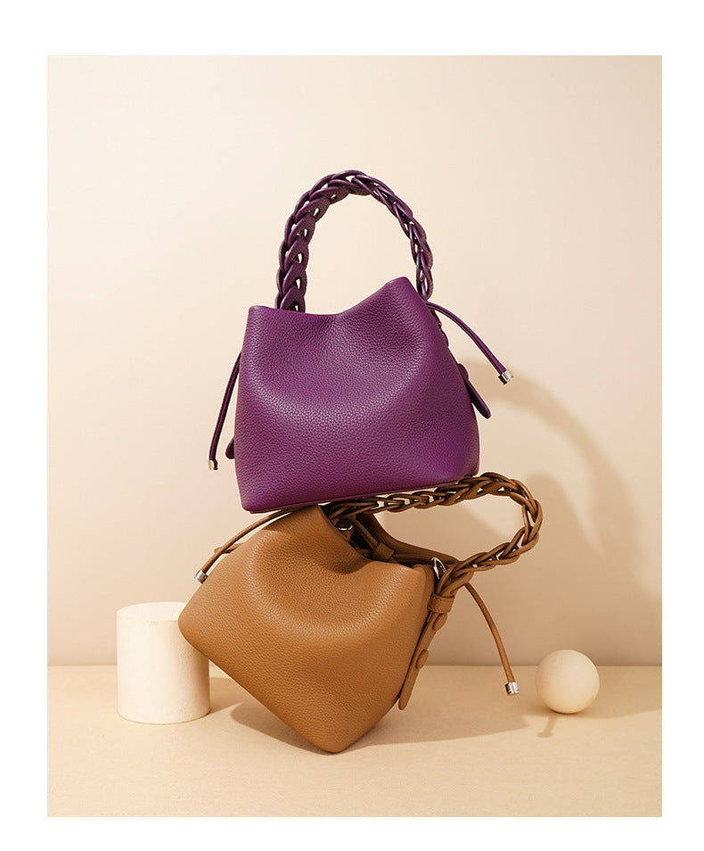 European Style New Top Layer Cowhide Bucket Bag High-Quality Genuine Leather Fashion Women's Handbag Tote Shoulder Crossbody Bag Woven