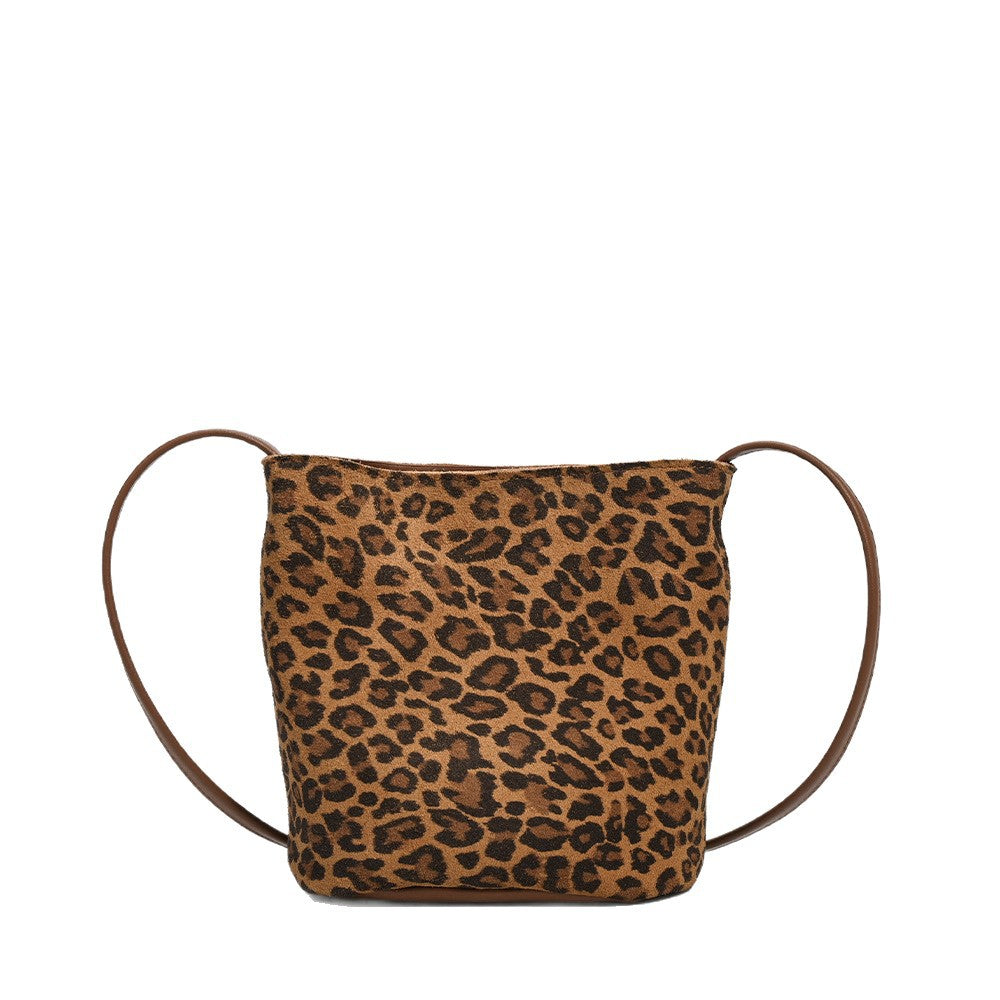 Leopard Print Genuine Leather Bucket Bag Niche Women's Bag Autumn Winter New Versatile High-end Soft Cowhide Single Shoulder Crossbody Bag