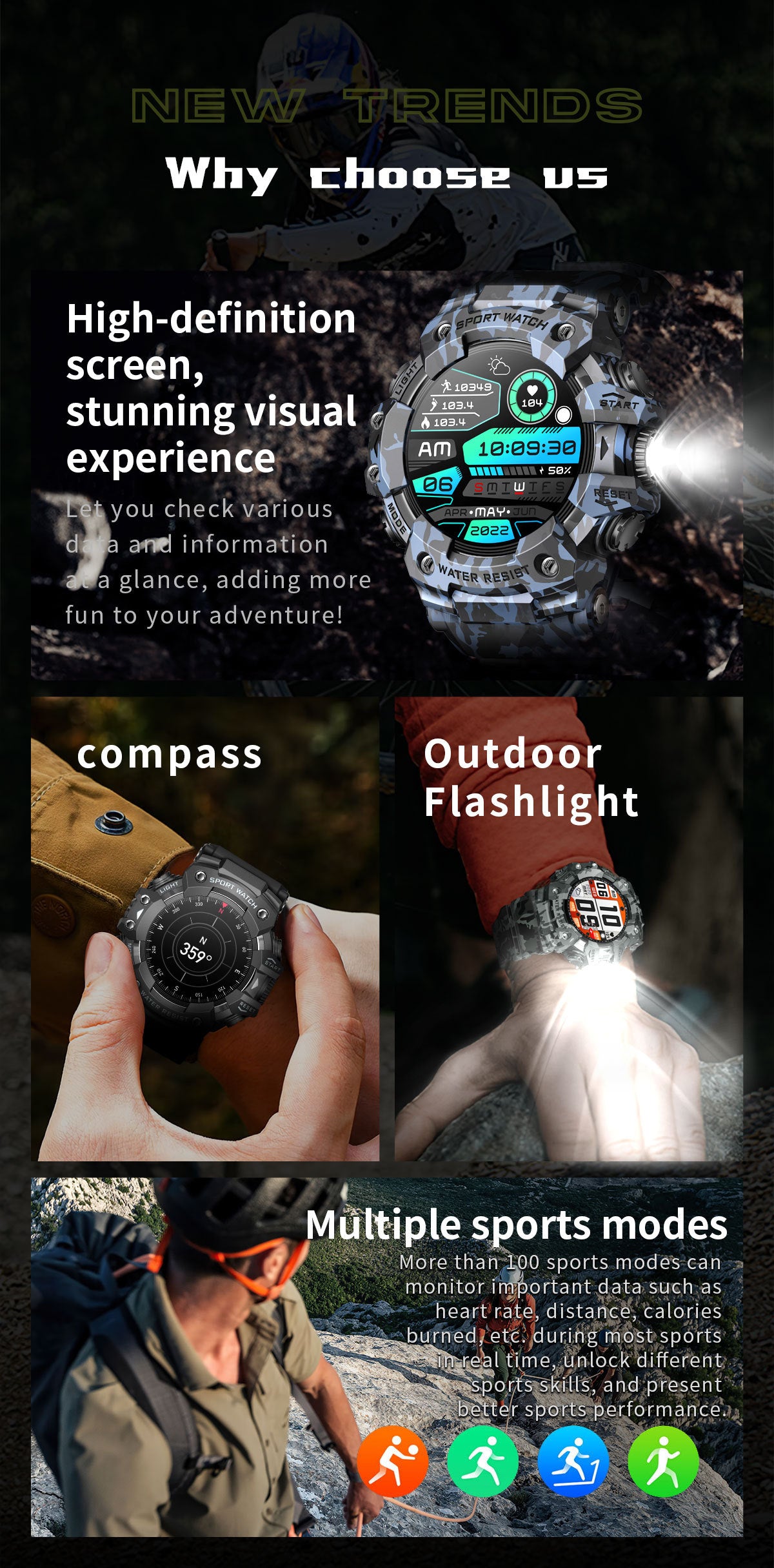 LC21Smart Watch Bluetooth Call True Heart Rate Step Sleep Compass Deep Waterproof Mechanical Style Sports