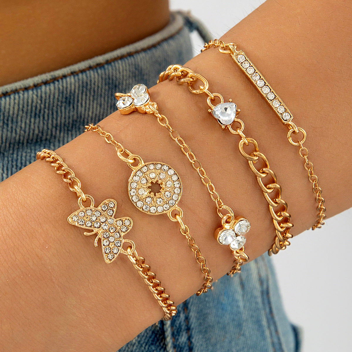 European and American Jewelry High-End Imitation Crystal Butterfly Bracelet Set Fashion Inlaid Diamond Heart Bracelet Wholesale