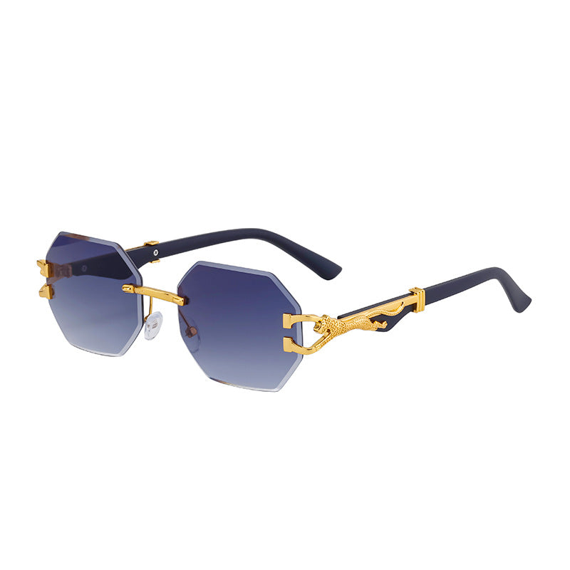 New European and American Retro Frameless Sunglasses for Men with Imitation Wood Grain Temples Wholesale Glasses shades