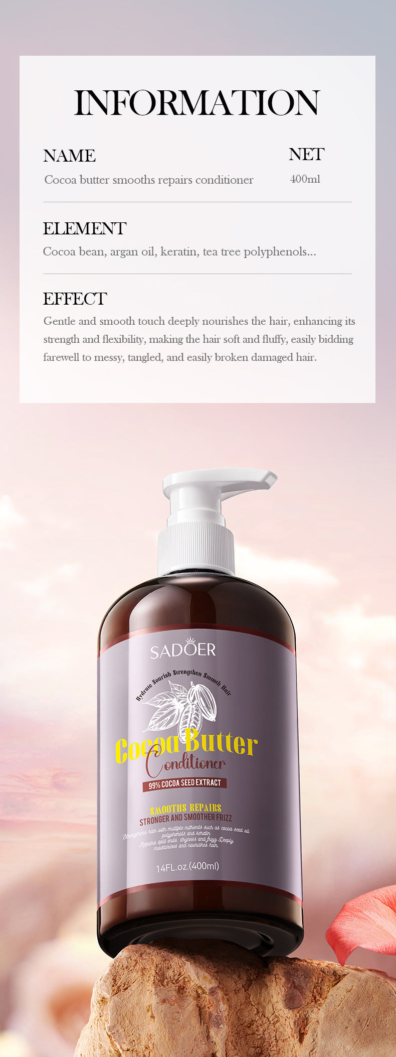 Cocoa Oil Smooth Conditioner SADOER Repair and Nourish Hair Conditioner Cross-Border Wholesale