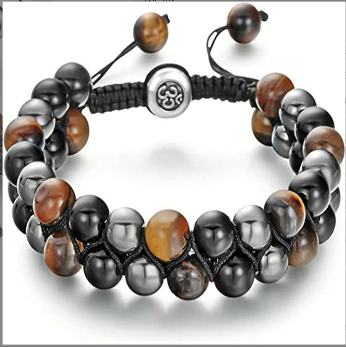 Men's Double Layer Braided Bracelet with Shiny Magnetic Stone Natural Stone Tiger Eye Double Row Braided Bracelet