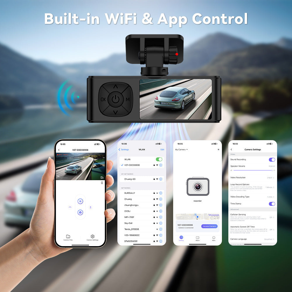 V27Hd4K Driving Recorder WiFi Mobile Phone Interconnection GPS Track Front and Rear Dual Recording Parking Monitoring