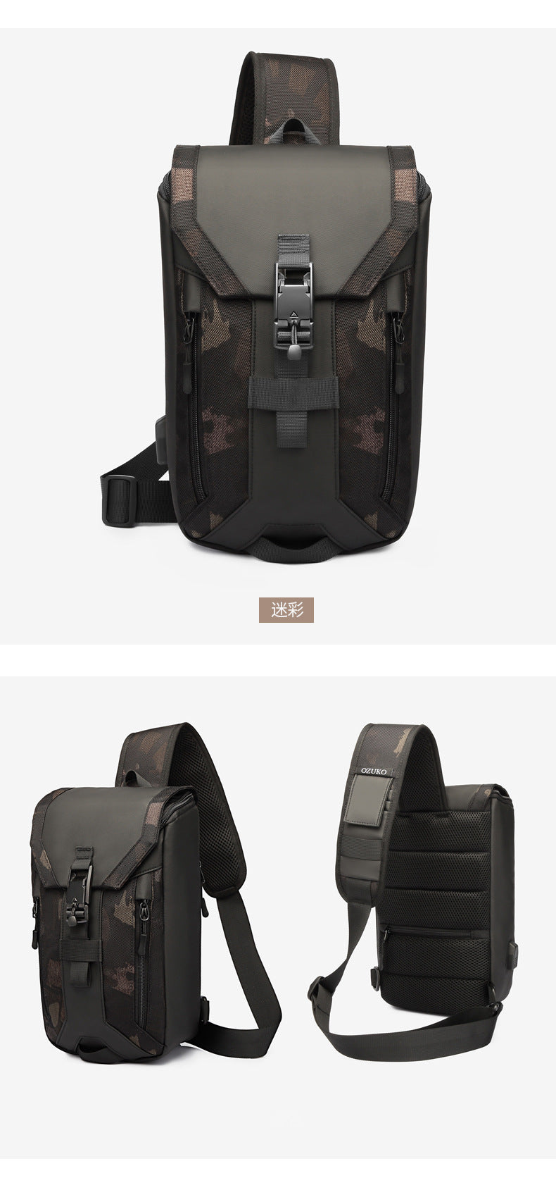 OZUKO Men's Chest Bag Trendy Brand USB Crossbody bag, water-resistant, lightweight, large capacity, single shoulder bag, outdoor chest bag