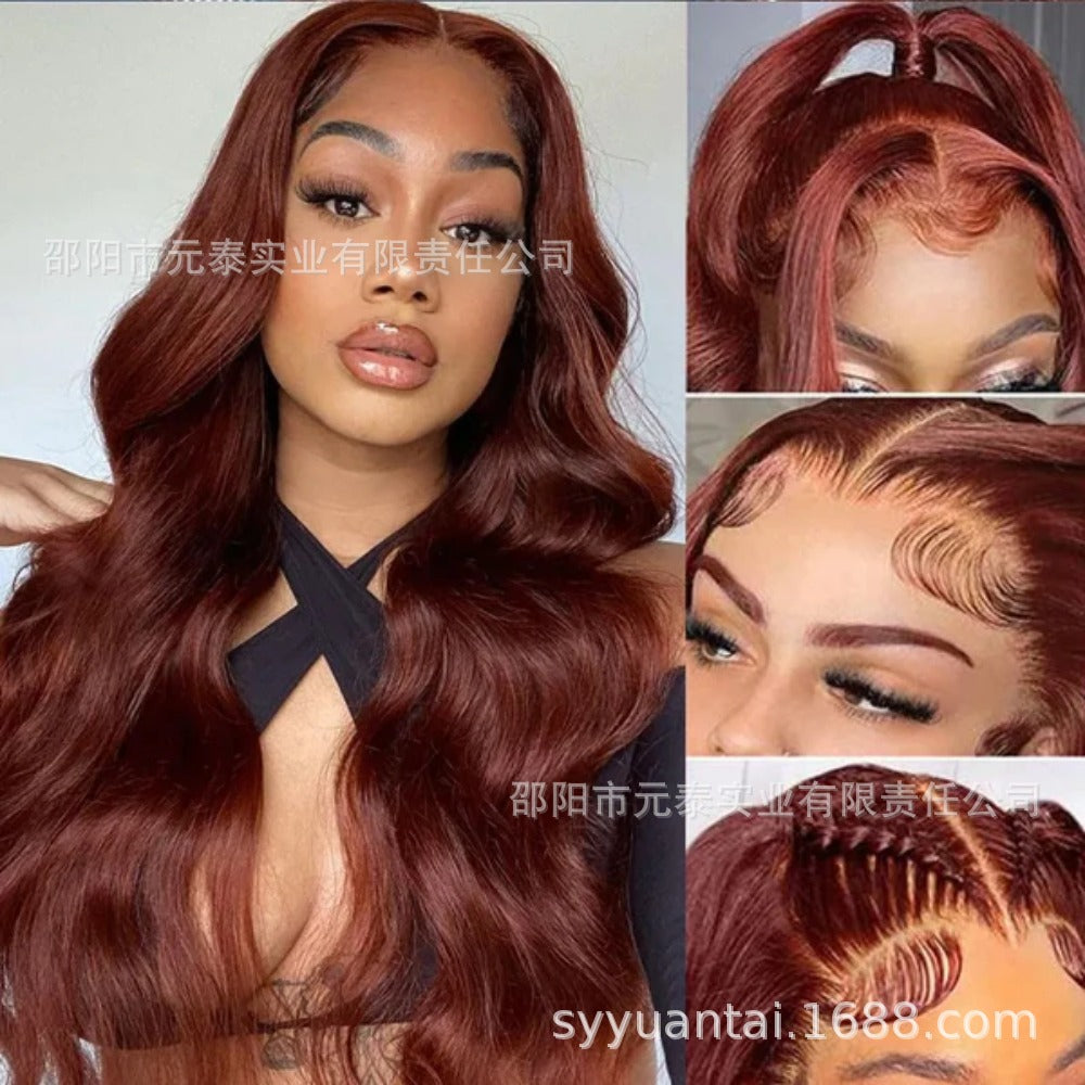 13*4Amazon European and American Wig Women's Synthetic Fiber Front Lace Long Curly Hair wig Reddish Brown Big Wave Headband