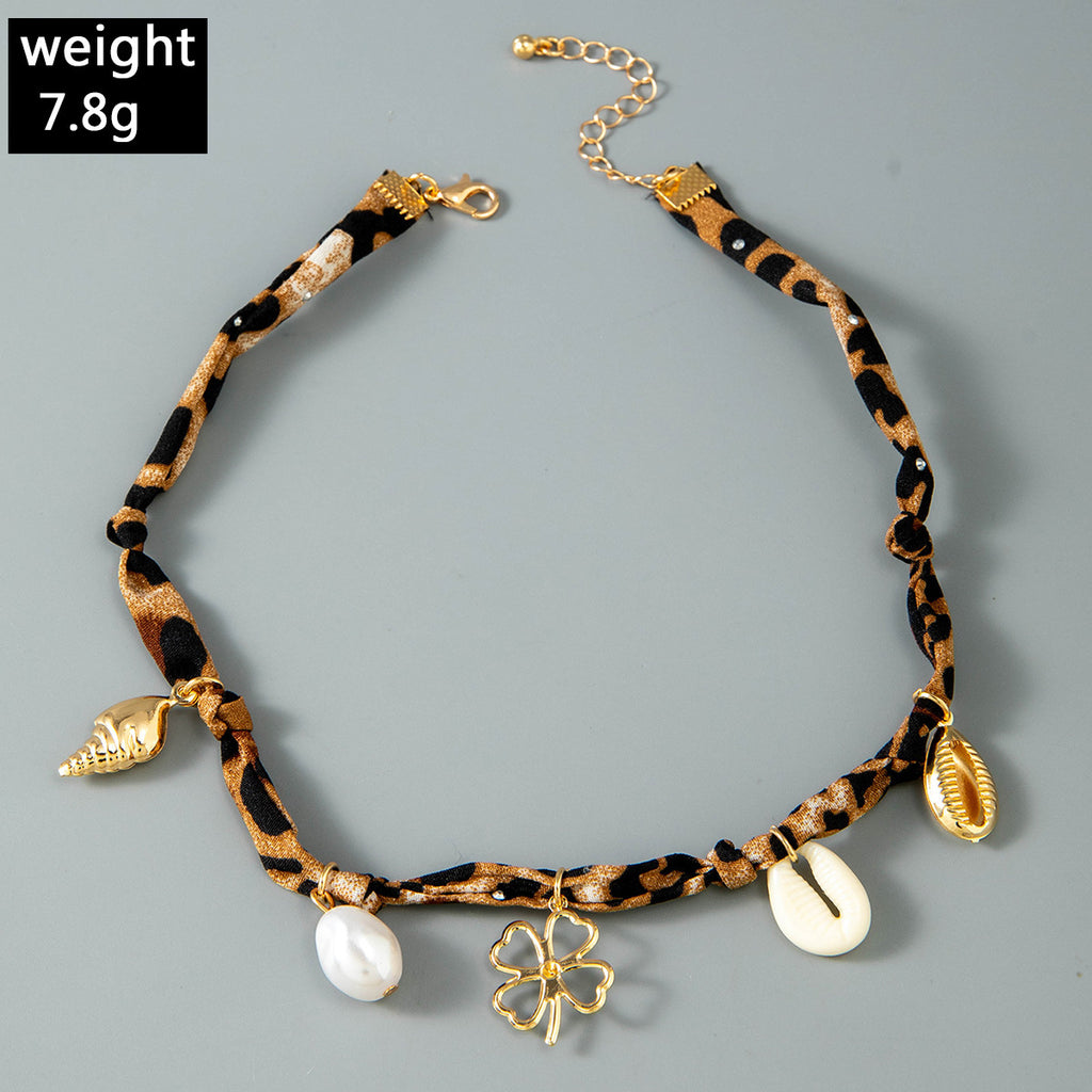 European and American Style Ocean-themed Cross Conch Starfish Pendant Leopard Print Exaggerated Necklace Collarbone Chain Jewelry