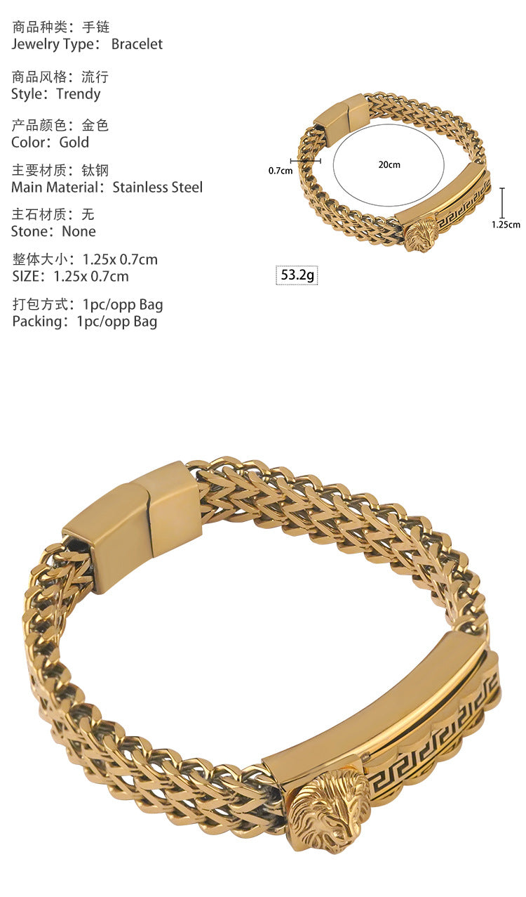 New Stainless Steel Personalized Lion Head Bracelet Titanium Steel Vacuum Plating gold Great Wall Pattern Jewelry
