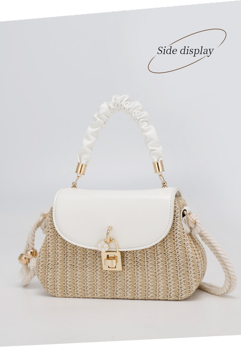 Summer New Style Straw Bag Fashion Box Bag Single Shoulder Crossbody Pleated Handbag Beach Vacation Ethnic Style Women's Bag