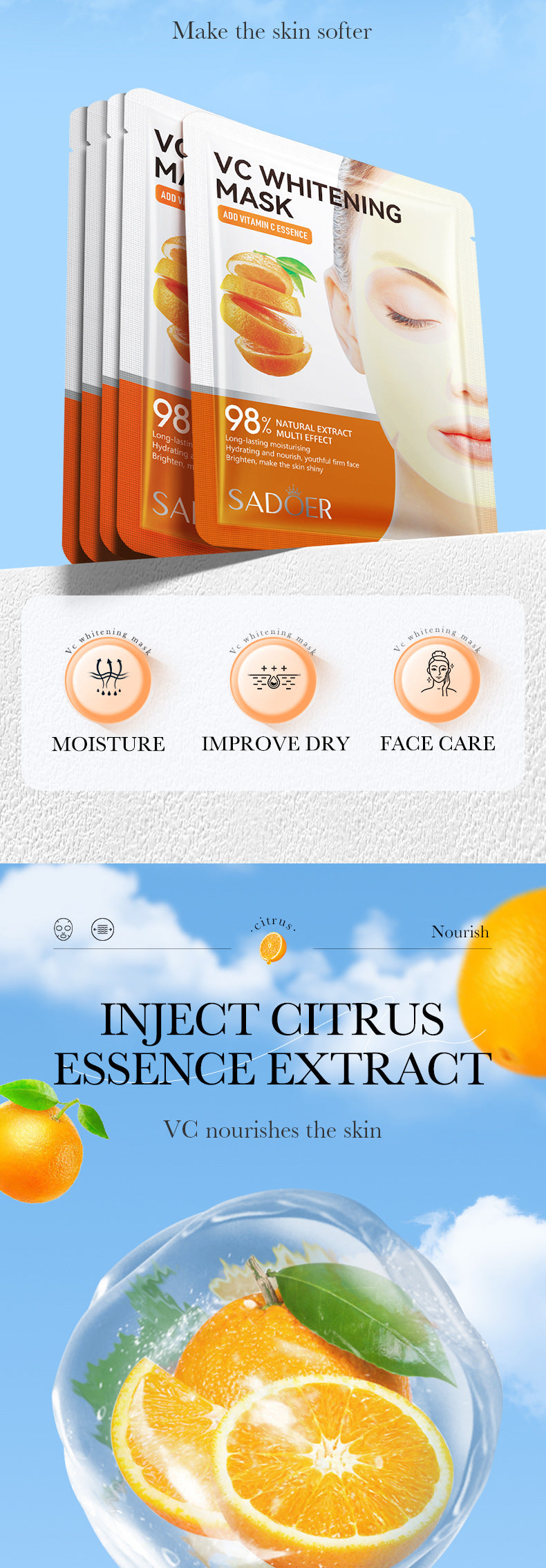 Facial Mask25g SADOER Aloe Vera VC Moisturizing and Rejuvenating Face Mask Sheet Pack for Cross-Border Wholesale