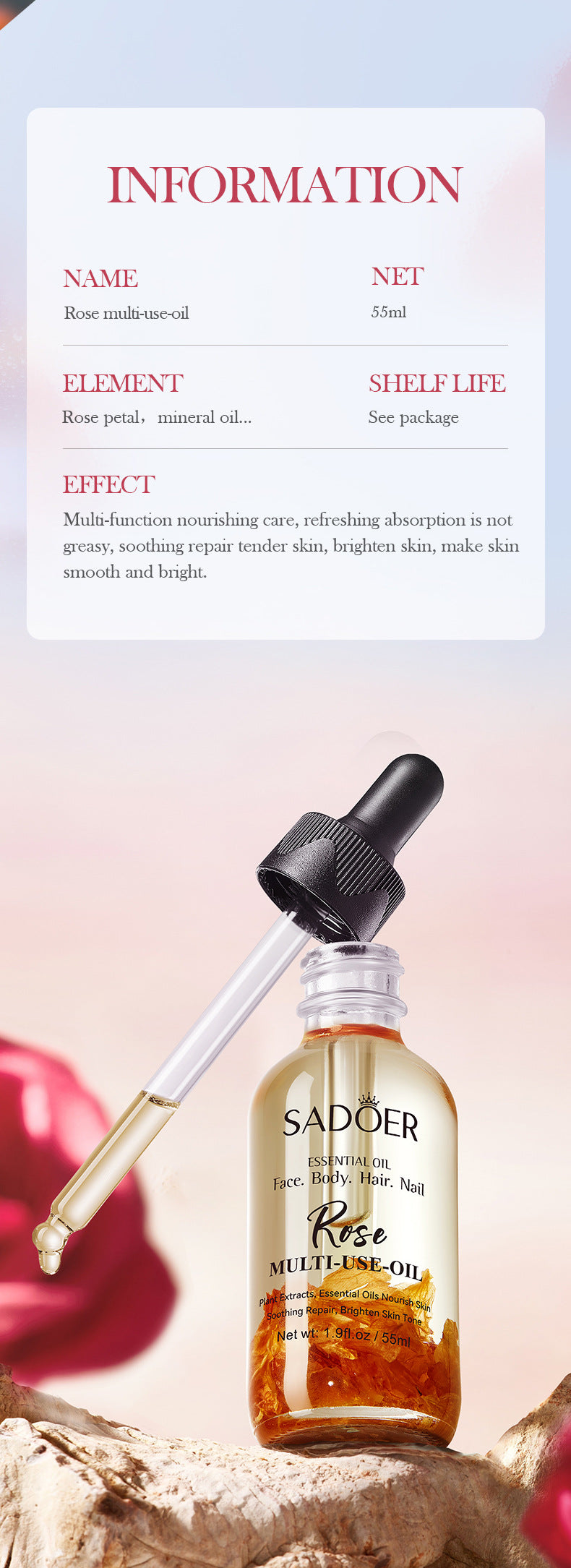 Rose Dried Flower Multi-effect Massage Oil SADOER Moisturizing skin body essential oil cross-border foreign trade wholesale