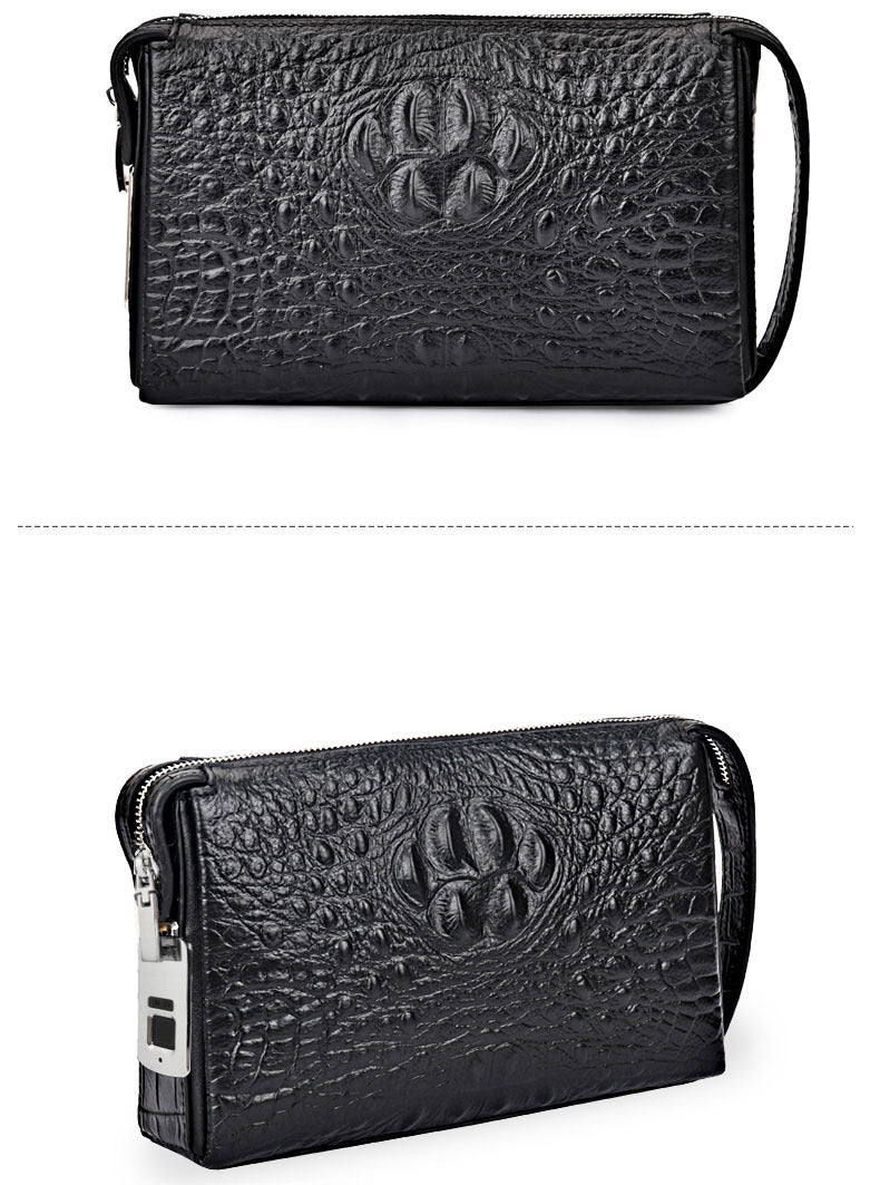 Fingerprint Lock Bag Business Commuting Men's Handbag Top Layer Cowhide Crocodile Large Capacity Multi-Card Slots Clutch