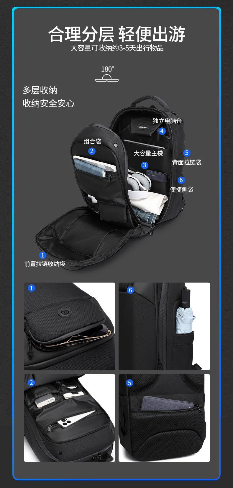 ozuko Business Backpack Men's Waterproof Computer School Bag High-looking commuter travel backpack for college students