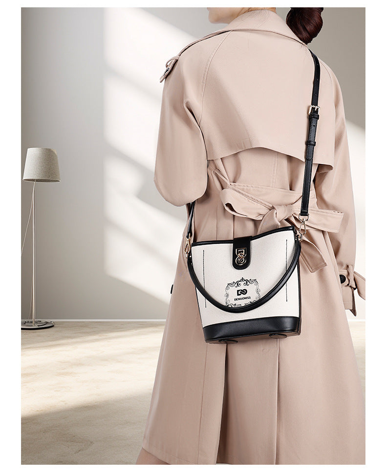 Korean Style Simple Canvas Contrast Color Bucket Bag Women's Stitching Portable and Fashion Women's Bag Versatile Messenger Bag