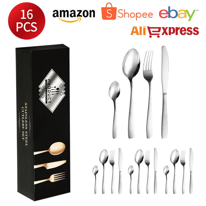 410Stainless Steel Cutlery Restaurant Western Hammered Square Handle Knife Fork Spoon Set Hotel Home Steak Knife Fork