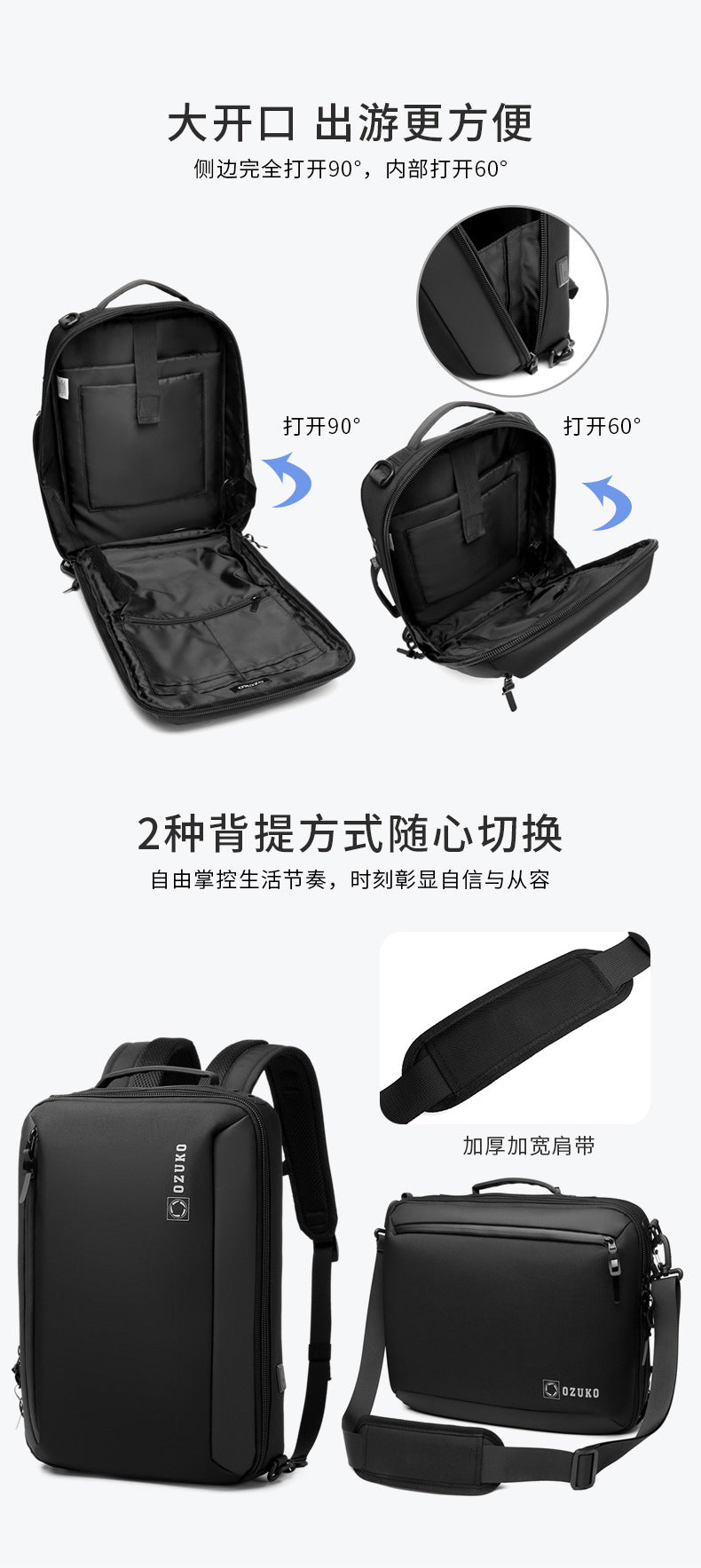 OZUKO Business Backpack Double Shoulder Laptop Bag for Men Lightweight Handheld College Student Commuting Waterproof Notebook Backpack