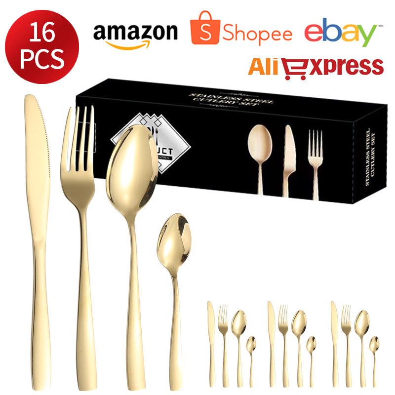 410Stainless Steel Tableware24Set of Hotel Western Dining Square Handle Steak Knife, Fork, Spoon, Tea Spoon