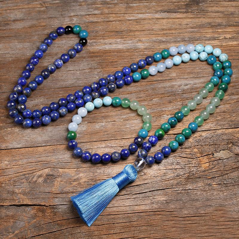 Men's Lapis Lazuli Bracelet Set108Tassel Pendant Elastic Cord Natural Stone Beaded Tiger Eye Stone Long Bracelet