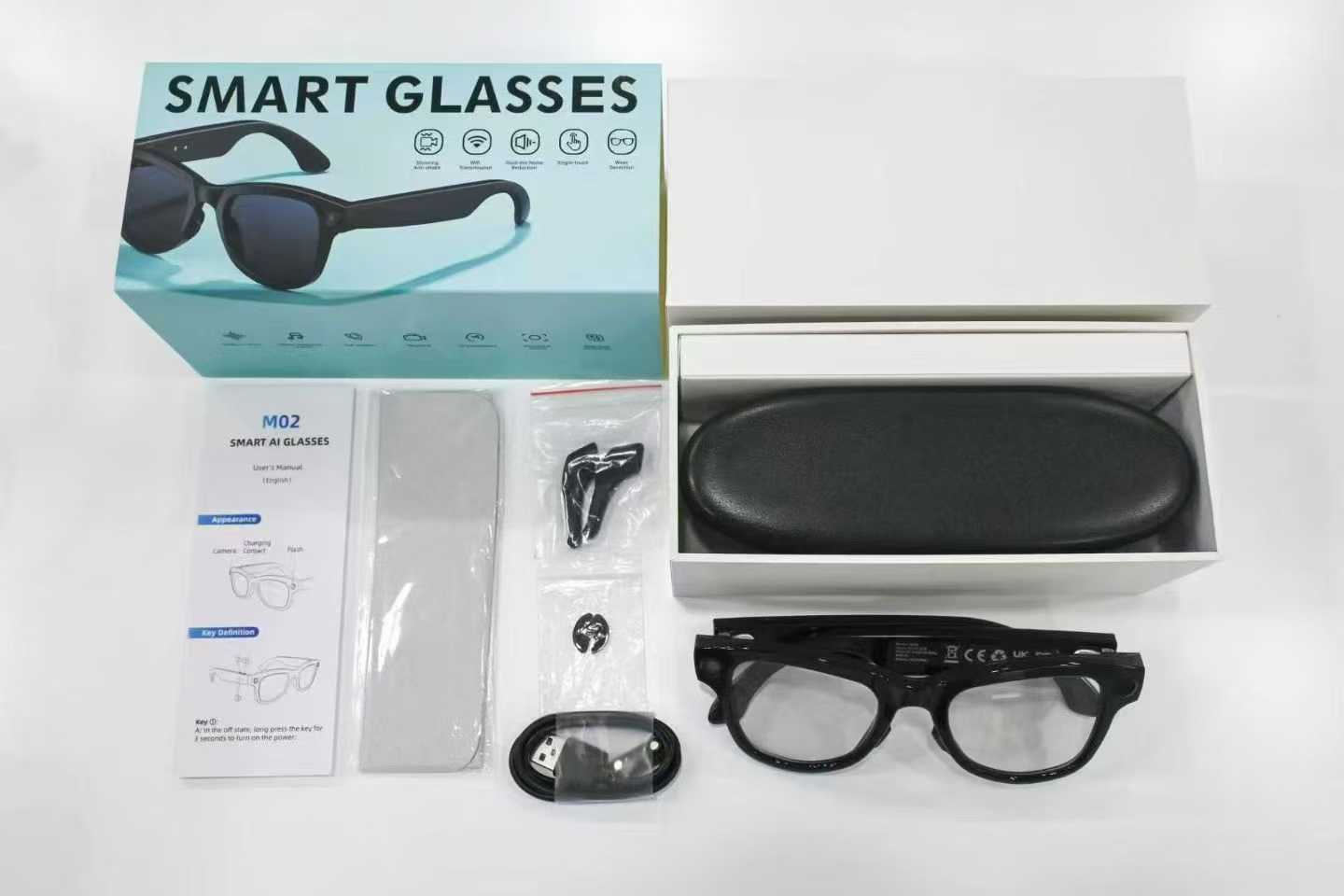 M02Smart Glasses80010000 Pixel Camera with Charging Case and Image Stabilization for Video Recording Ai Real-Time Translation32GB Memory