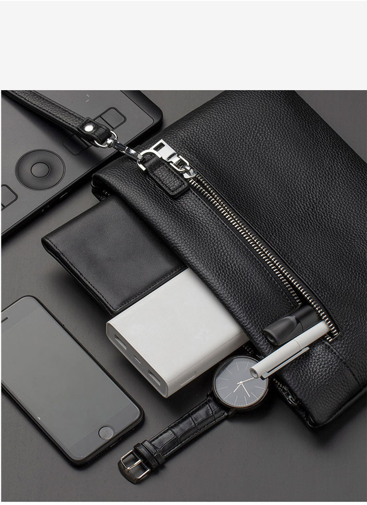 Business Commuting Genuine Leather Clutch Bag for Men, Casual Large Capacity Top Layer Cowhide Men's Handheld Wallet Phone Bag