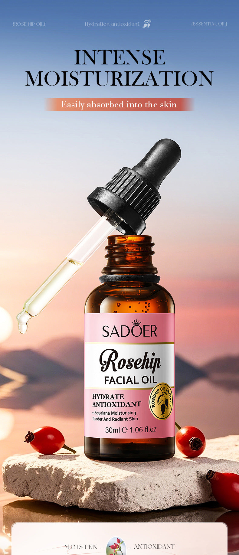 Rosehip Antioxidant Hydrating Essence SADOER Moisturizing facial essential oil cross-border foreign trade wholesale