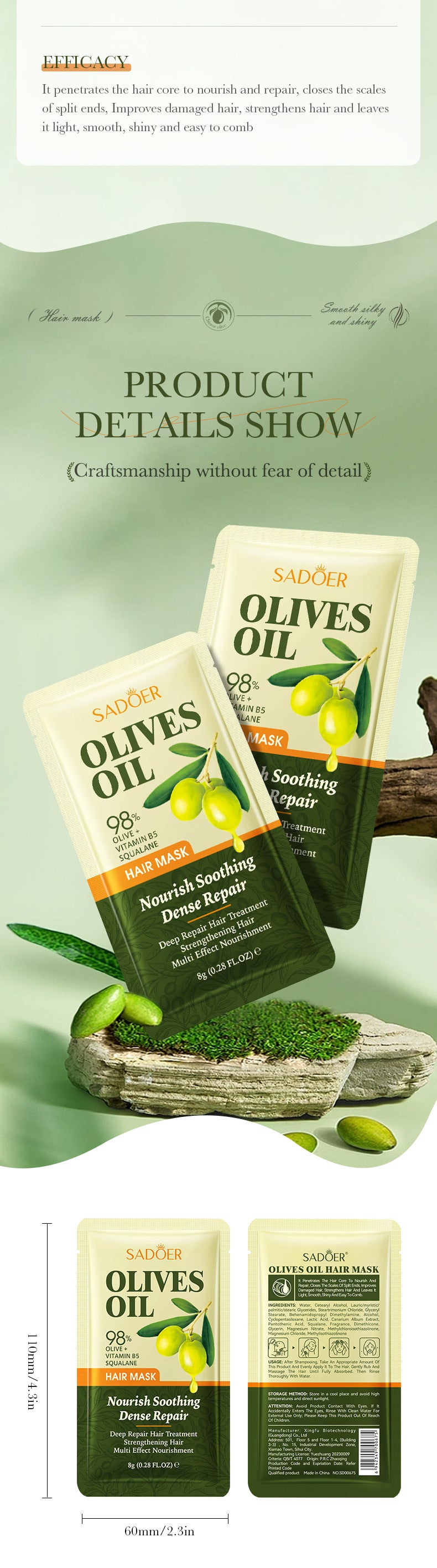 Olive Oil Hair Mask SADOER Repair and Improve Frizz Portable Sheet Hair Mask Cross-Border Wholesale