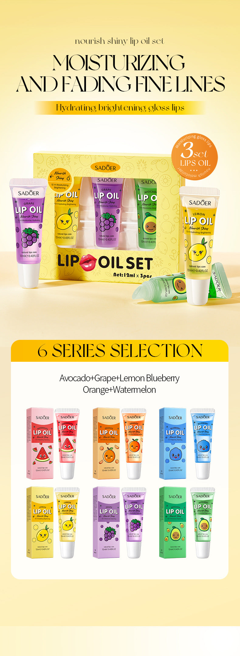 Moisturizing and Glossy Lip Oil Set SADOER Avocado Grape Lemon Lip Balm Cross-Border Wholesale