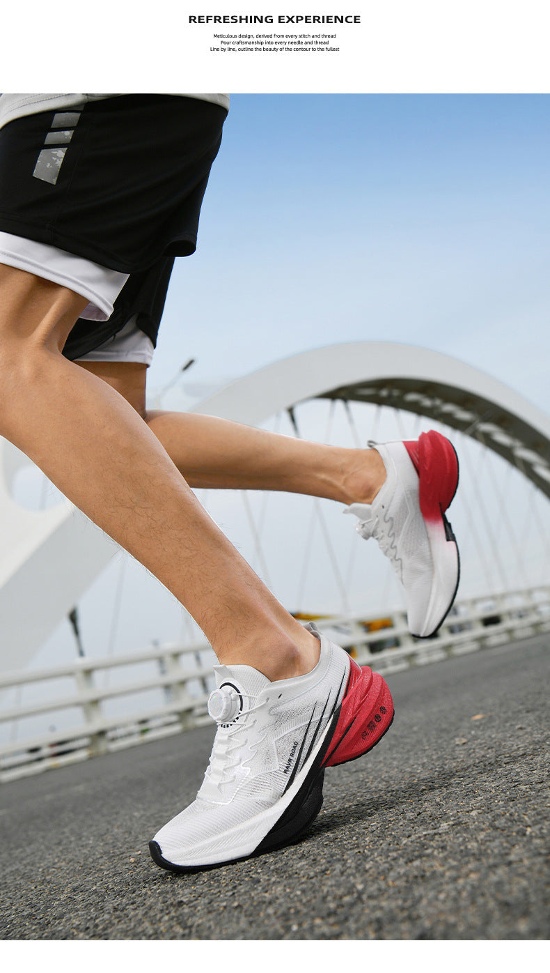 Summer New Hollow Breathable Rotating Buckle Racing Running Shoes Full Palm Carbon Plate Thick Sole Cushioning Sports Shoes