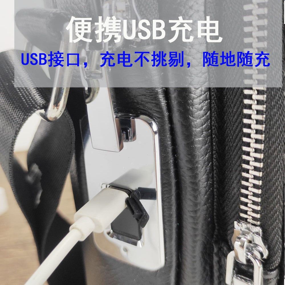 High-End Men's Top Layer Cowhide Multi-Zipper Bag Sports Casual Small Backpack Anti-Theft Genuine Leather Fingerprint Lock Chest Bag