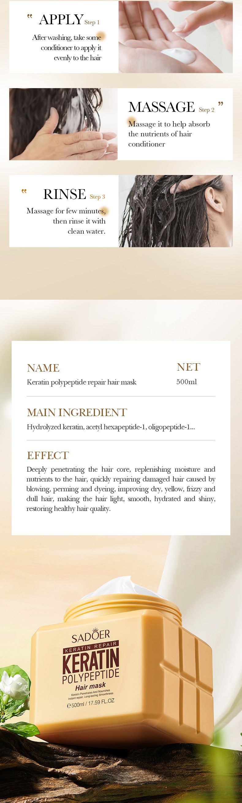 Keratin Peptide Smooth Hair Mask SADOER Smooth and Fluffy Hair Conditioner Cross-Border Wholesale