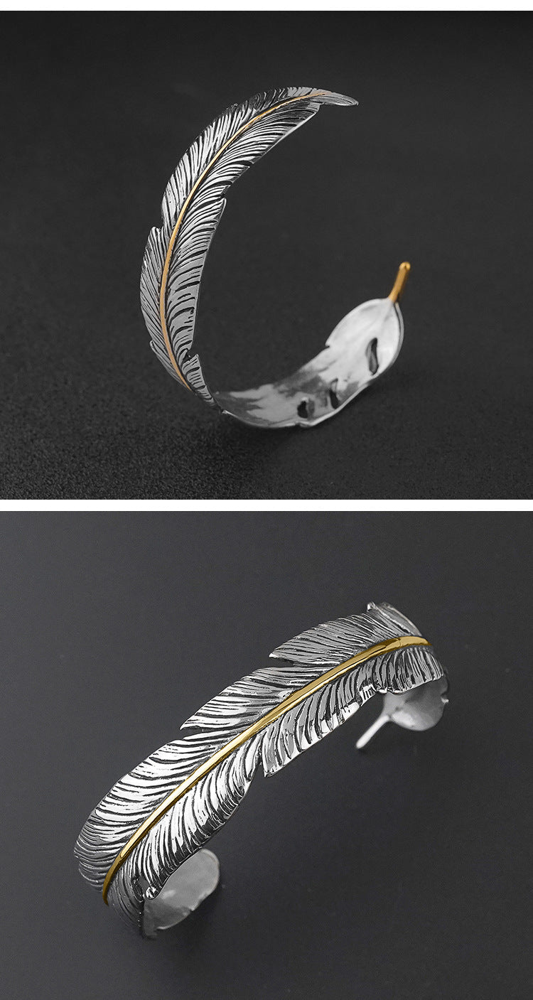 Fashion Niche Titanium Steel Personality Feather Open Bracelet Adjustable Spacing Electroplated gold Feather Bracelet Wholesale