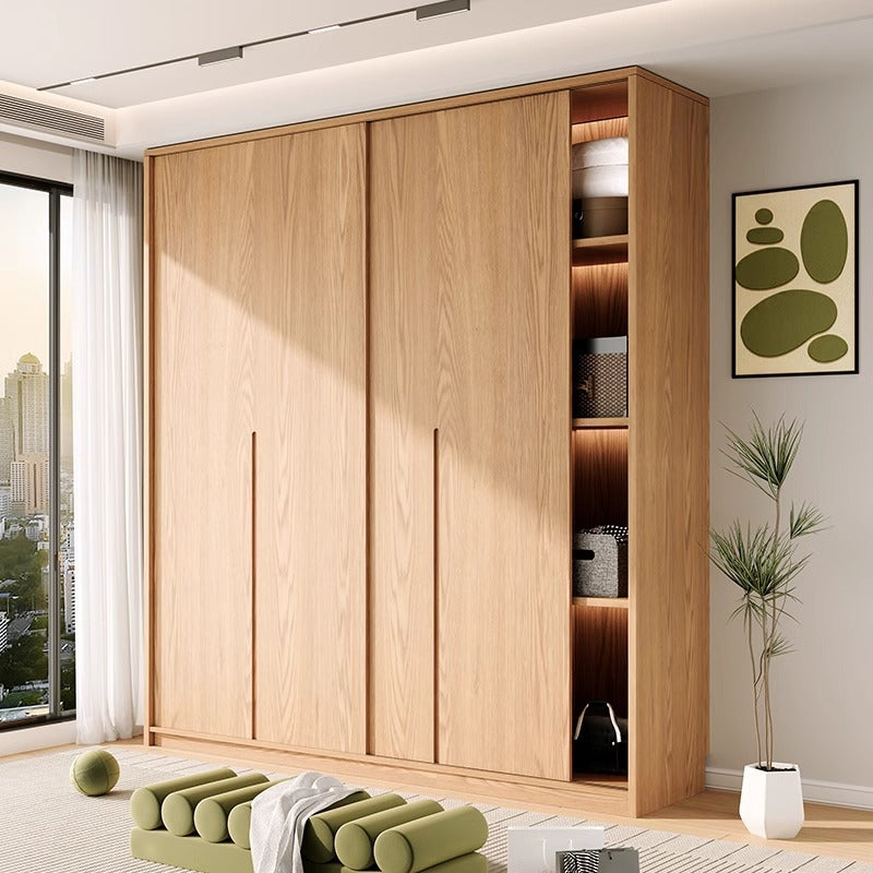 All Solid Wood Oak Sliding Door Wardrobe for Home Bedroom, Natural Wood Style, Modern Minimalist Wardrobe, Master Bedroom Wardrobe Customization
