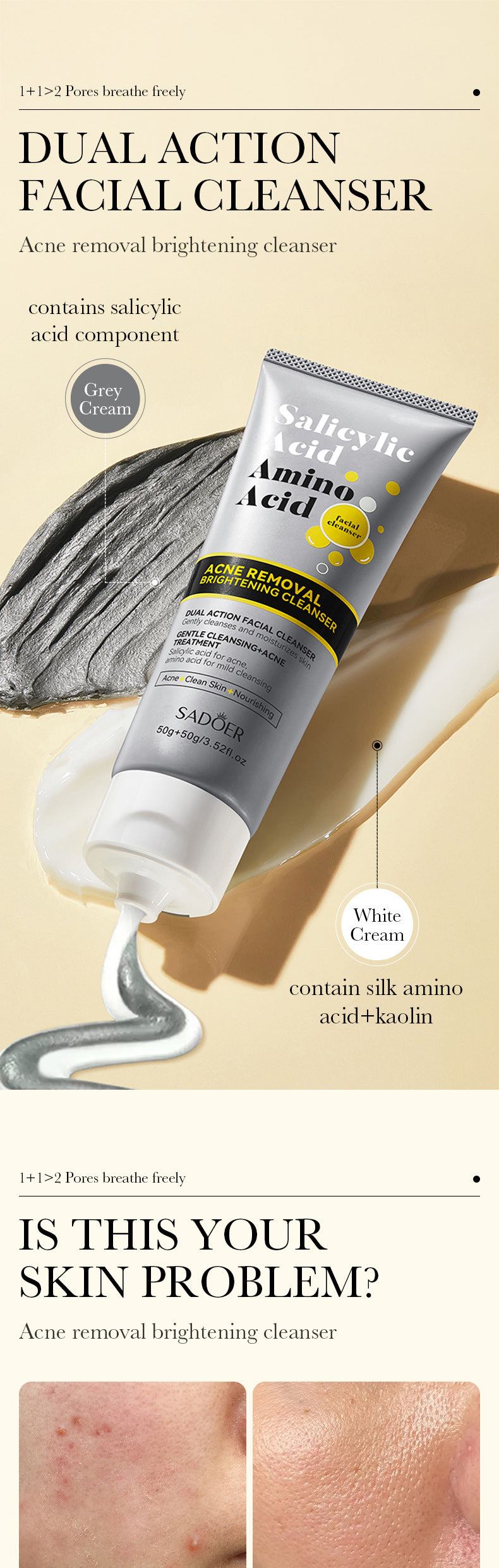 Facial Cleanser SADOER Salicylic Acid Amino Acid Double Effect Cleansing Cleanser Cross-Border Foreign Trade Wholesale