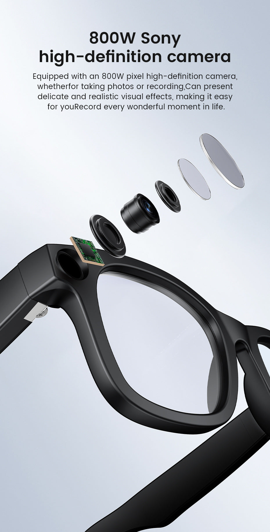 E03Smart Glasses800100 Megapixel Camera with Image Stabilization1200P Video Recording AI Simultaneous Translation Character Recognition